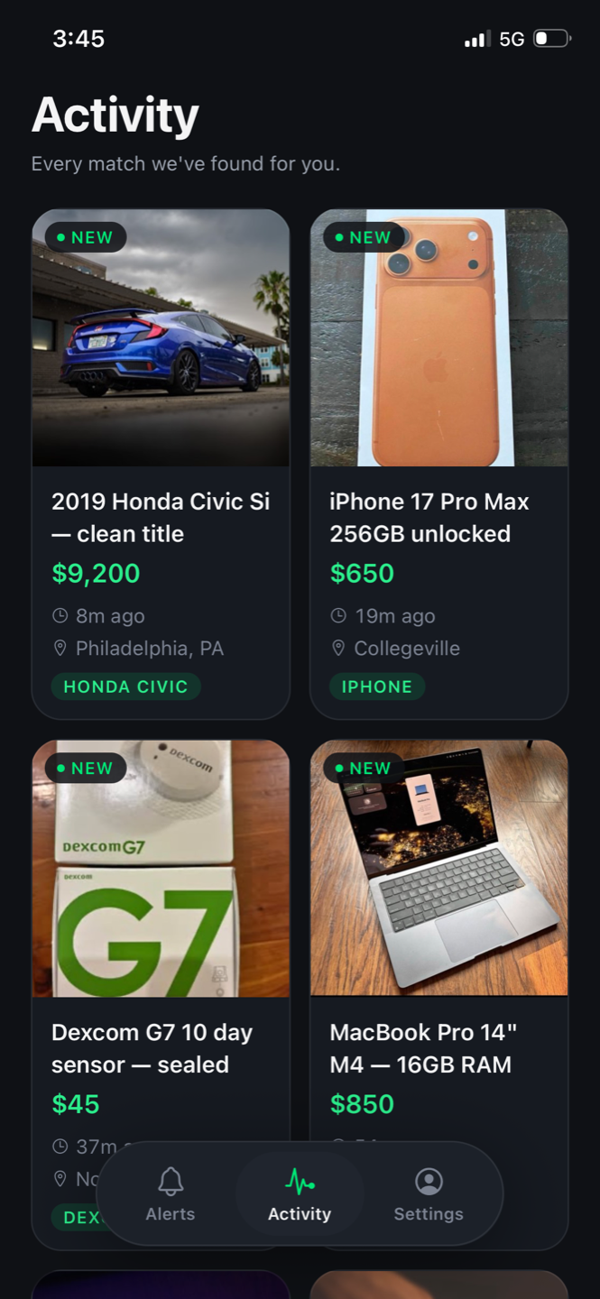 Snipely Activity feed showing fresh marketplace matches with photos and prices
