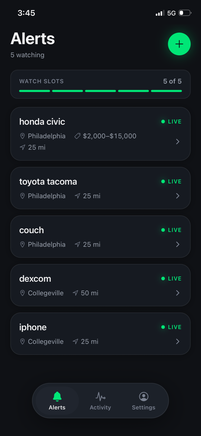 Snipely alerts list with five live alerts watching the marketplace