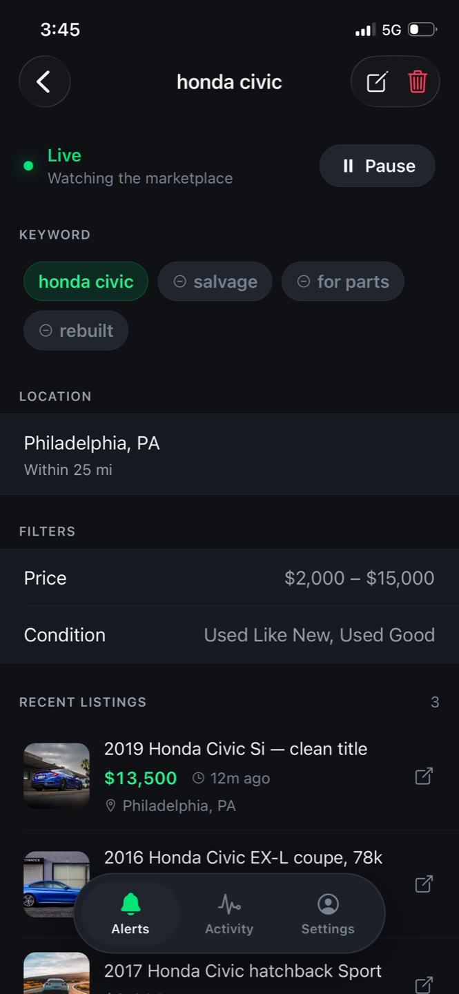 Snipely alert detail with live status, keyword chips, filters and recent Honda Civic listings