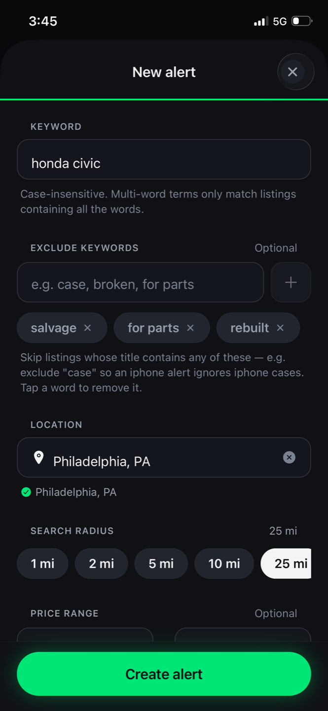 Snipely alert builder with keyword and exclude-keyword filters