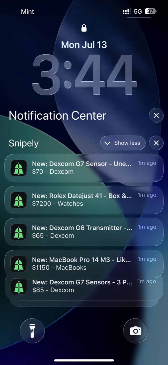 Snipely push notifications for new matches on the iPhone lock screen
